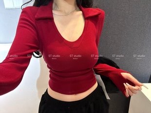 十三行2025秋冬新款韩版纯欲风V领后背露空长袖T恤女打底衫上衣