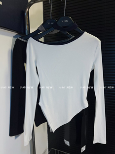 东大门斜领露肩挂脖长袖打底衫T恤2026春季不规则开叉修身上衣女
