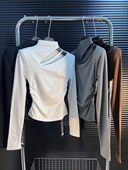 十三行2025冬季 磨毛绒小心机半高领套头T恤衫 百搭显瘦不规则上衣