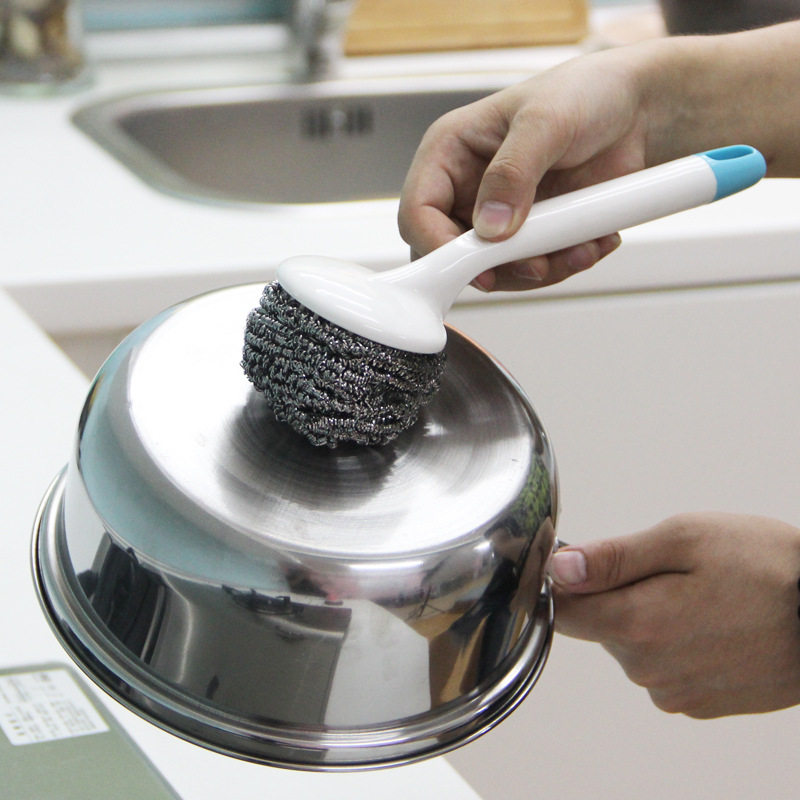 带手柄钢丝球刷子 洗锅清洁刷 家用厨房长柄锅刷清洁球日本km1301