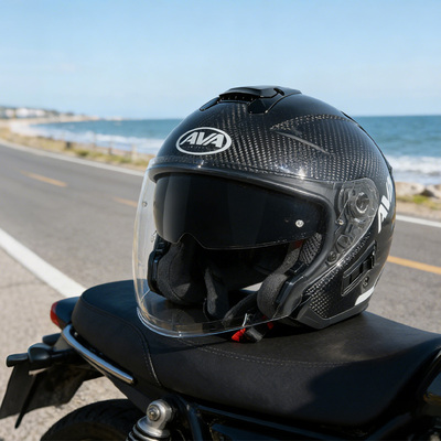 AVA碳纤维头盔C-AIR夏季双镜片4/3头盔男轻量化复古巡航半盔四季