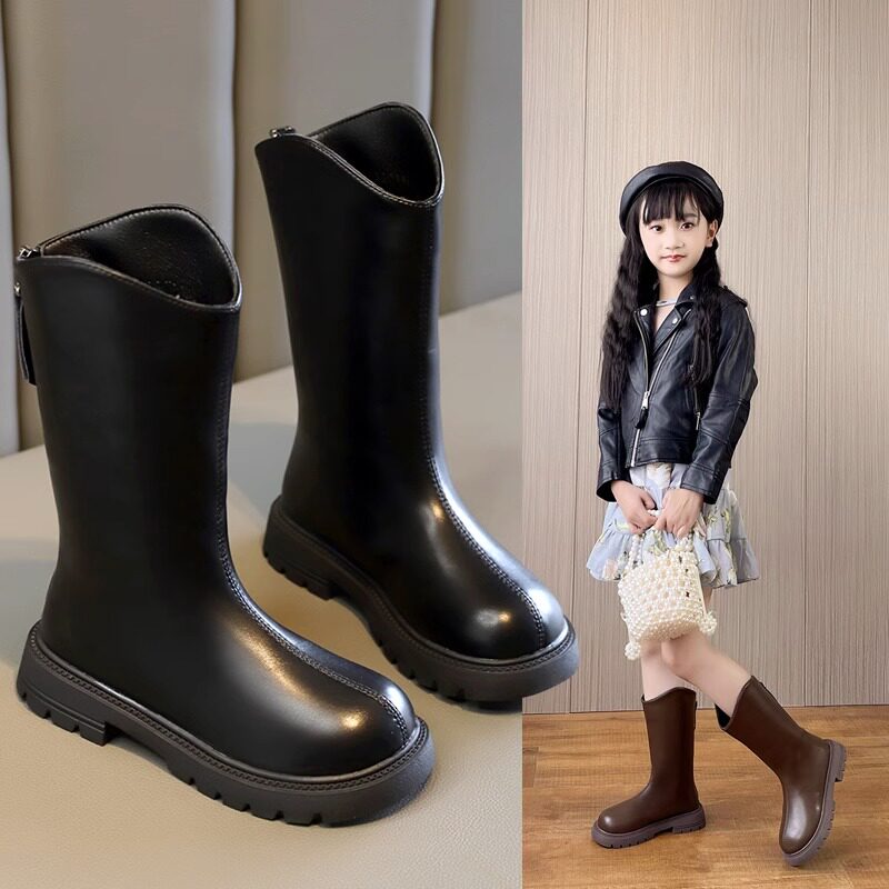 童鞋女童马丁靴秋冬加绒中筒皮靴小女孩宝宝棉鞋西部牛仔儿童长靴