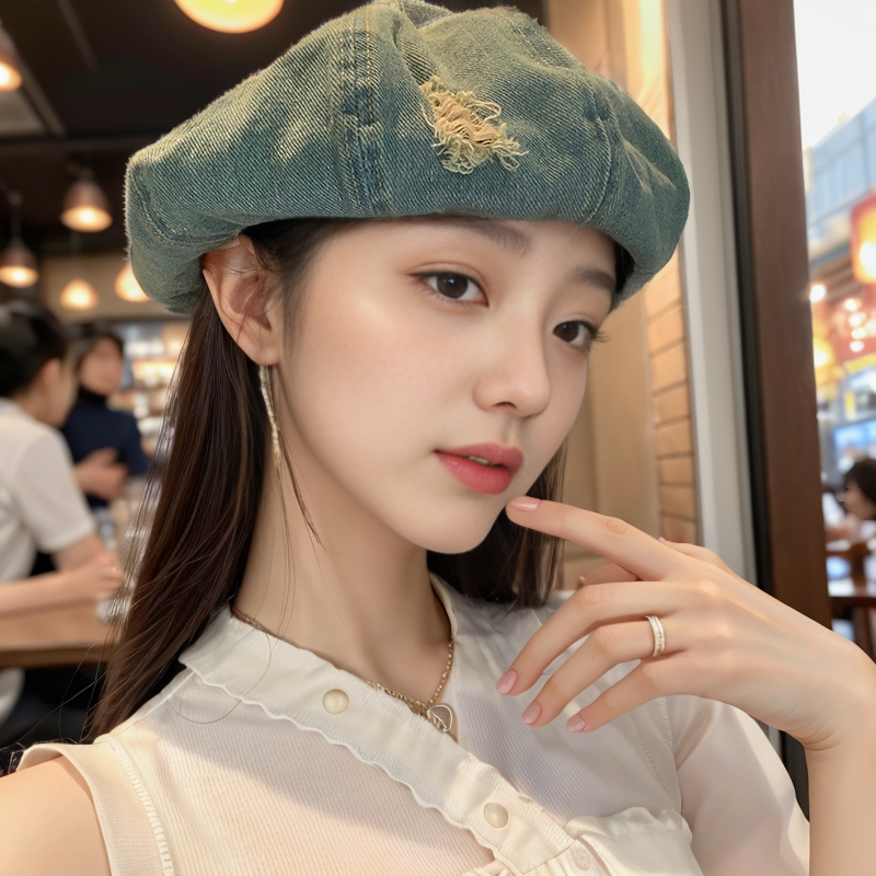 牛仔破洞贝雷帽女春夏季