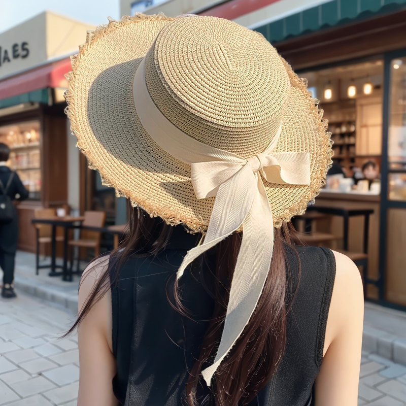 日系毛边草帽小清新飘带