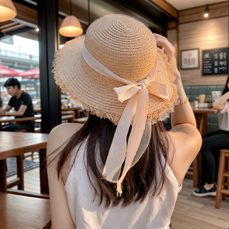 日系毛边草帽小清新飘带