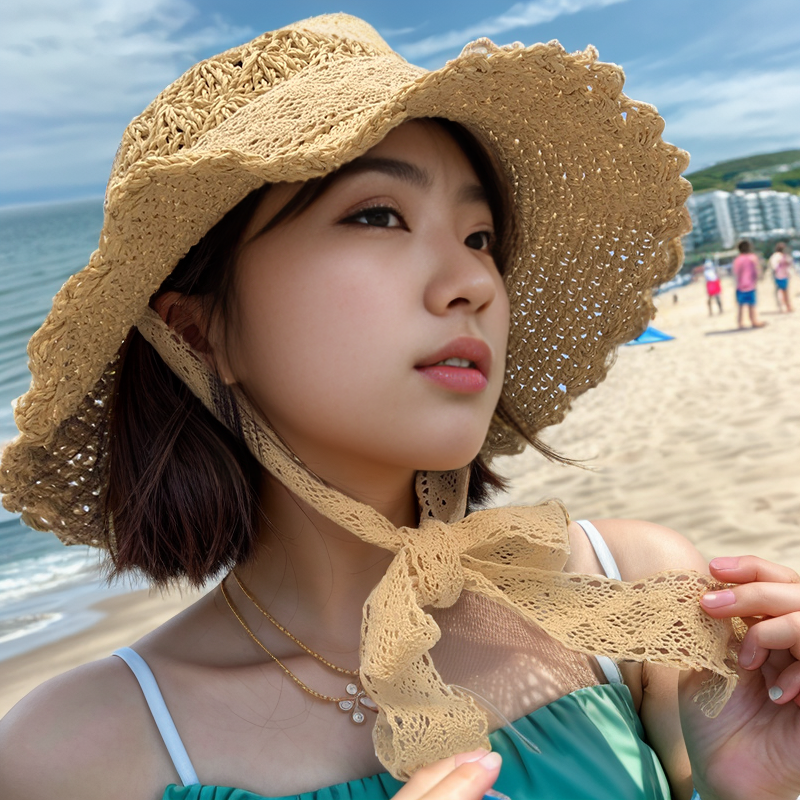 日系夏季沙滩帽蕾丝草女