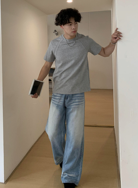 美式复古水洗做旧牛仔裤男款潮牌宽松直筒阔腿裤子高街vibe风