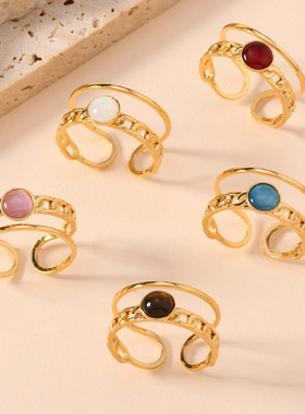 跨境热卖天然石不锈钢戒指时尚双线连口石开口戒镀18k金手饰品