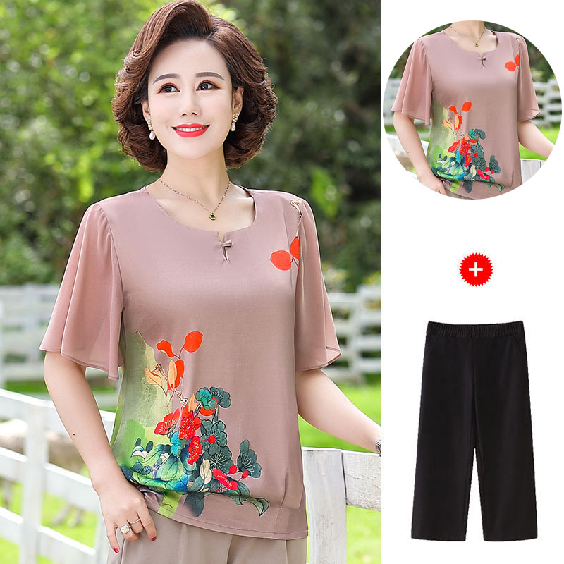 中老年女装夏装新款上衣裤子两件套40-50岁中年妈妈装夏季套装