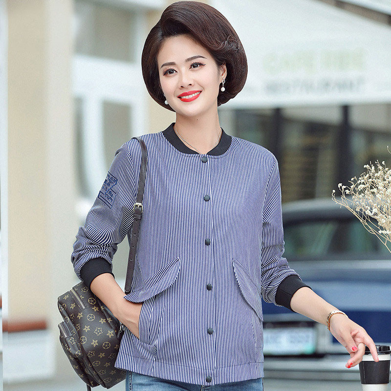 中年女士妈妈装秋装新款时尚夹克上衣中老年女装春秋条纹外套