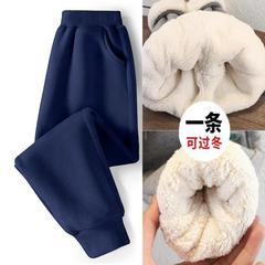 男女童冬季加绒加厚运动裤儿童卫裤小学生仿羊羔绒宽松藏青色校裤