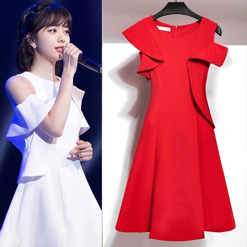夏装2025新款裙子红色小礼服平时可穿高级质感露肩连衣裙显瘦气质