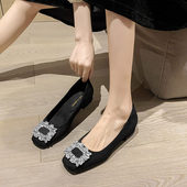 低跟方头单鞋 女黑色 绒面水钻方扣职业上班工作鞋 女2025年春季 新款