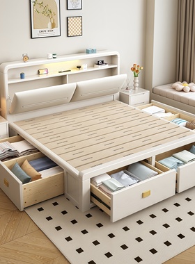 北欧实木床1米8双人床全实木简约白色1米5高箱储物带抽屉2025新款