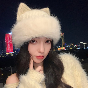 可爱猫耳朵针织毛线帽女士冬季白色加厚毛绒保暖显脸小护耳冷帽子