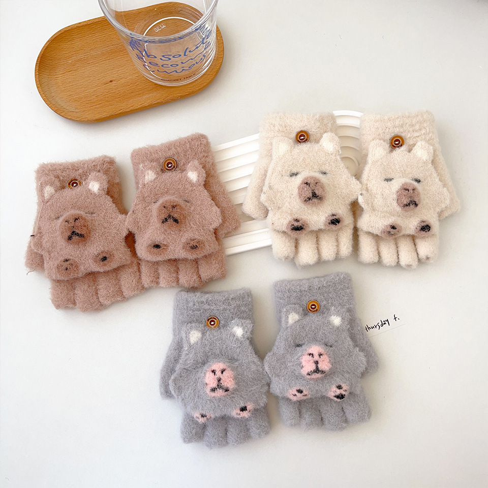 冬季新款儿童卡通手套男女童卡皮巴拉翻盖半指套秋冬写字保暖手套