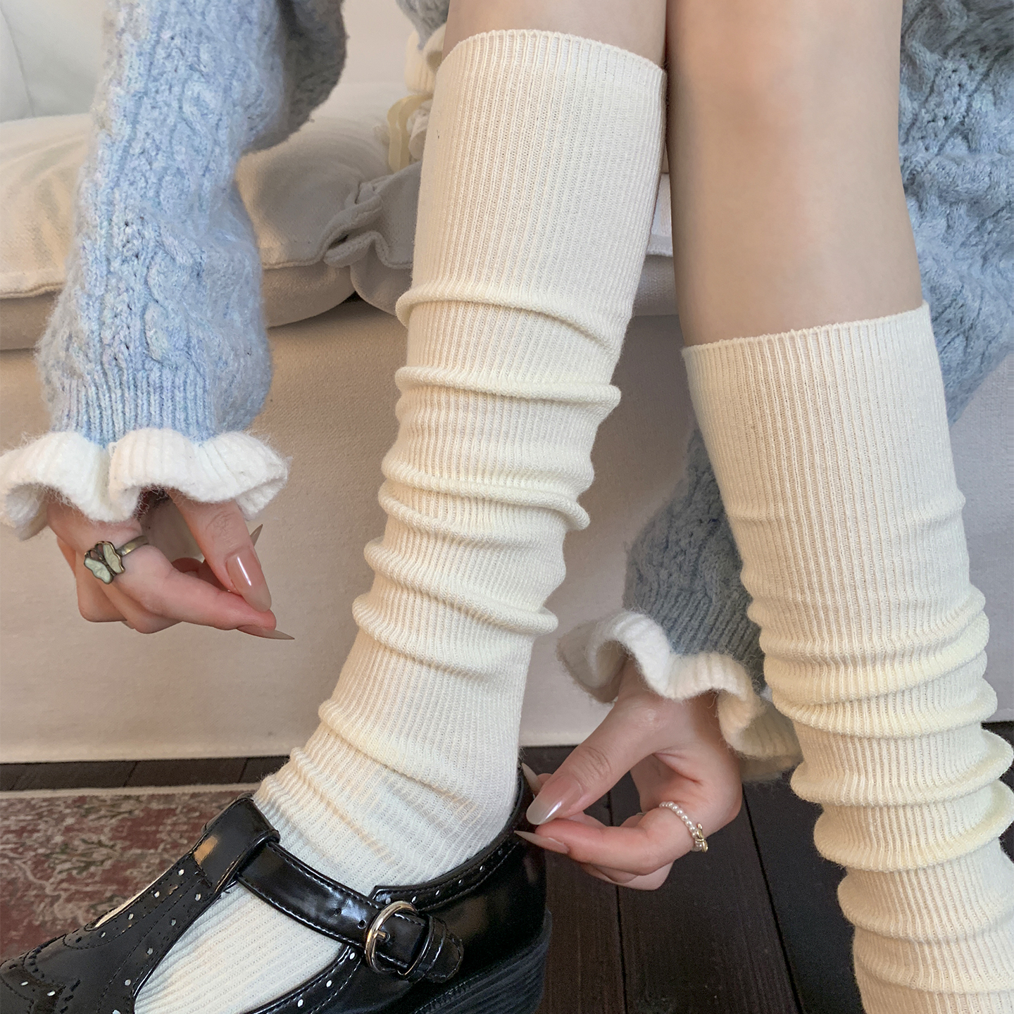 白色堆堆袜秋冬季miu系小腿袜搭配小皮鞋长筒袜显瘦及膝中筒袜子