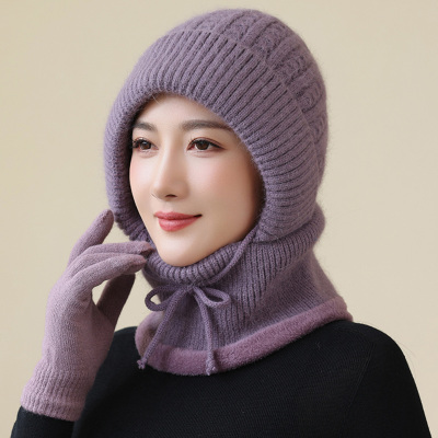 帽子女冬连体帽中老年人妈妈加绒厚毛线帽奶奶骑车保暖防风帽围脖