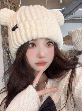 显脸小猫耳朵针织毛线帽子女秋冬韩版加绒保暖日系百搭可爱冷帽潮