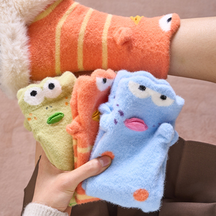 比奇堡居民丑萌小鱼袜子女秋冬加厚保暖澳绒中筒袜居家毛绒睡眠袜