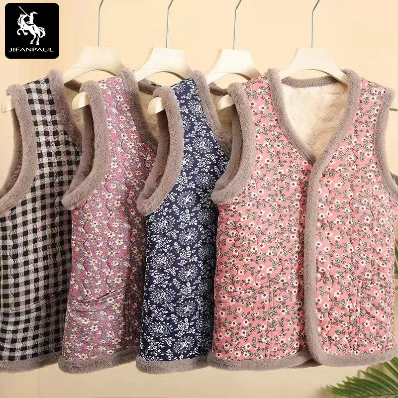 中老年秋冬新款妈妈装坎肩奶奶加绒碎花秋冬马甲加厚保暖外套背心