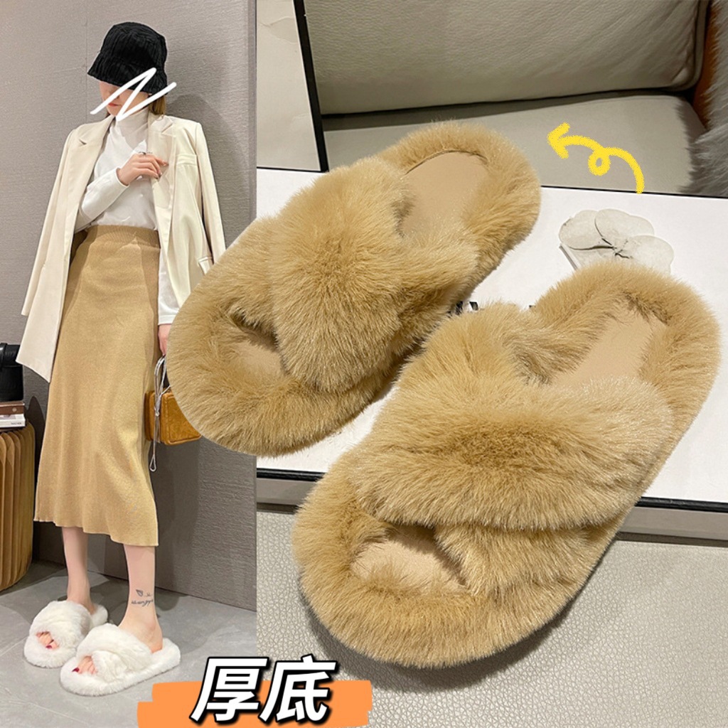 厚底毛毛拖鞋女外穿高跟春秋网红超火ins潮防滑居家冬季新款棉拖