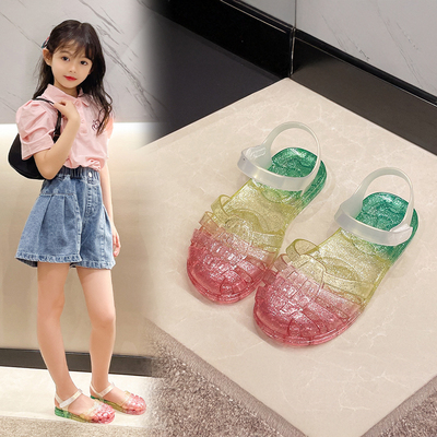 透气儿童凉鞋女孩夏季公主水晶鞋防滑罗马鞋沙滩鞋女童包头果冻鞋