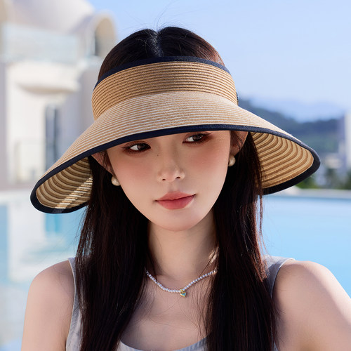 大帽檐草编防晒帽女夏出游遮阳凉帽草帽可折叠防紫外线空顶太阳帽