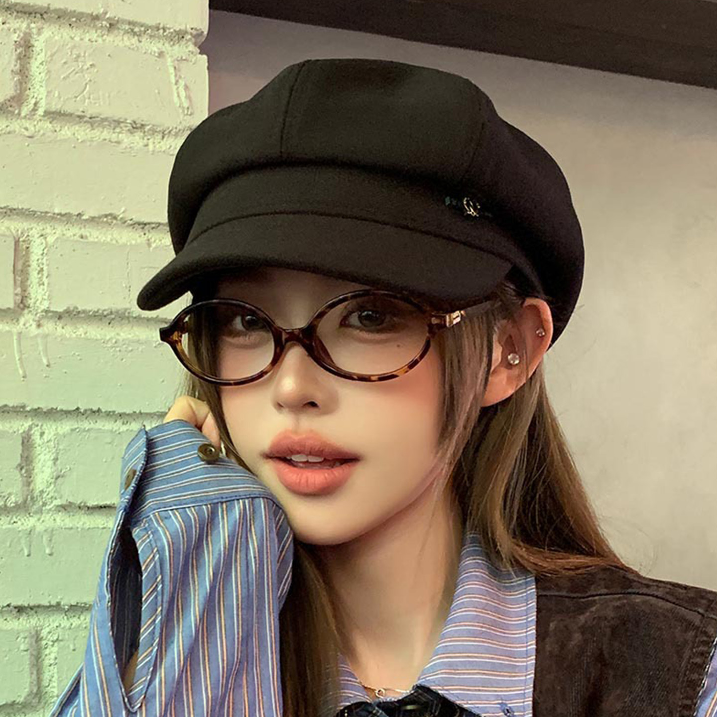 新款贝雷帽女秋冬显脸小鸭舌八角帽大头围法式复古黑色报童帽子潮