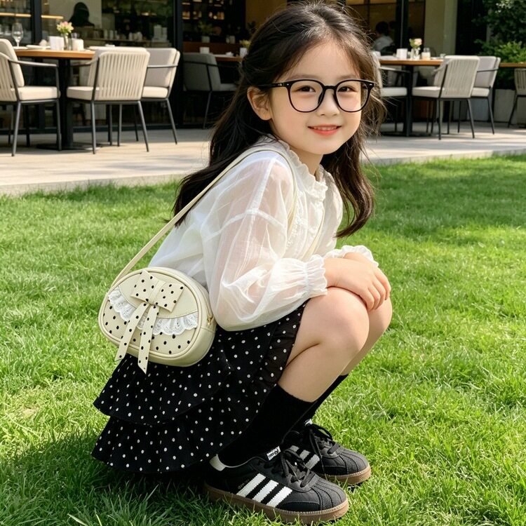 韩版波点蝴蝶结单肩包女童公主风蕾丝斜挎包可爱时尚高颜值小包包