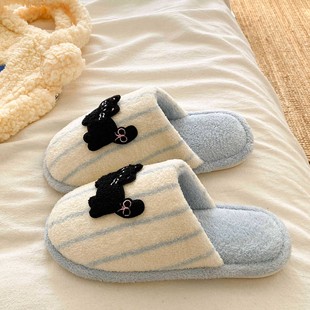 女学生冬天居家宿舍平底保暖棉鞋 彩色条花猫休闲棉拖鞋 女 新款 冬季