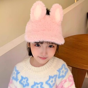 兔耳朵空顶棒球帽子儿童秋冬羊羔毛绒女童可爱加厚保暖扎高马尾帽