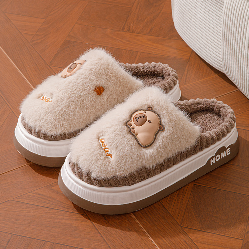 2025新款可爱小熊毛绒棉拖鞋女秋冬季室内家居保暖防滑厚底棉拖鞋
