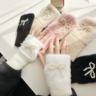 保暖毛线半指手套女冬季 毛绒针织护手腕漏指百搭触屏办公学生写字