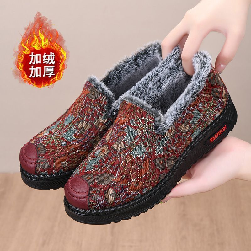 冬季新款中老年奶奶棉鞋女一脚蹬舒适加绒加厚保暖软底防滑妈妈鞋
