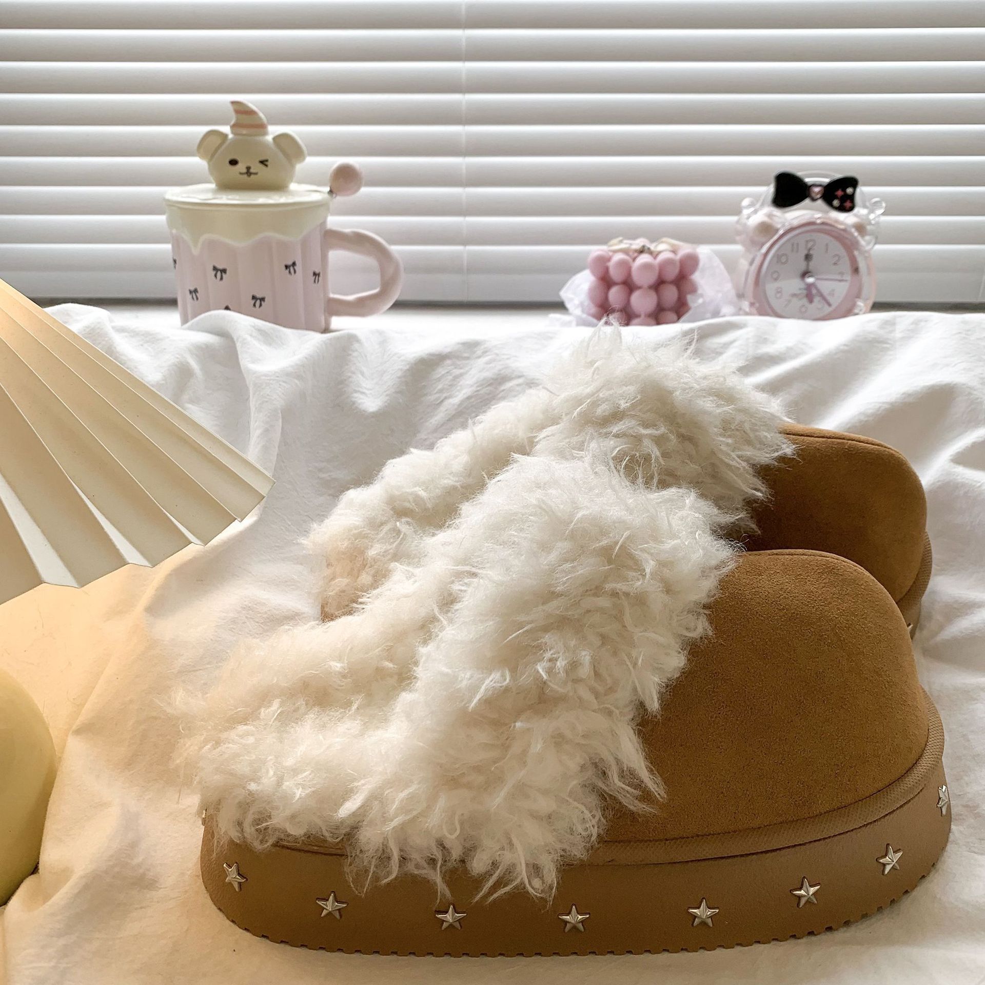 厚底包头半拖鞋女秋冬外穿2025新款加绒勃肯棉拖鞋皮毛一体棉拖鞋