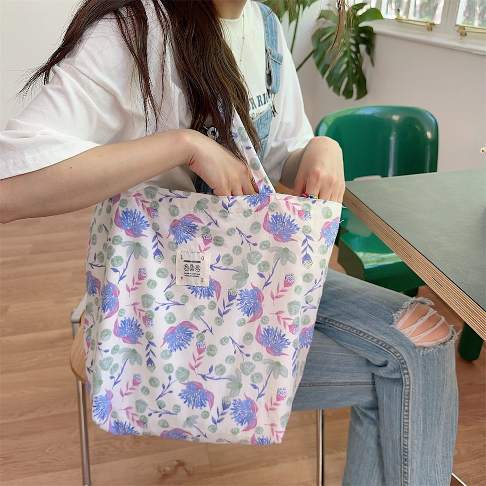 保罗帆布包女大学生上课碎花布袋可爱通勤大容量包包单肩手