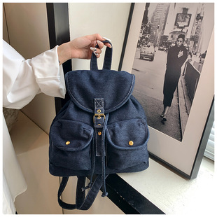 韩系牛仔布双肩包女新款大容量多口袋手提水桶包学生通勤旅行背包