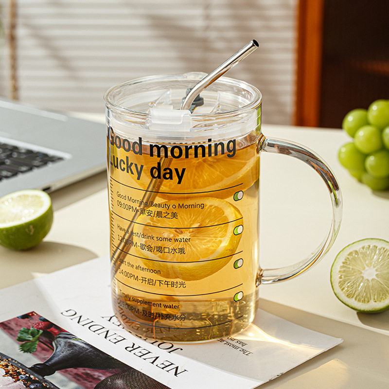 马克杯带把手高颜值水杯耐高温高硼硅吸管杯大容量玻璃杯1000毫升