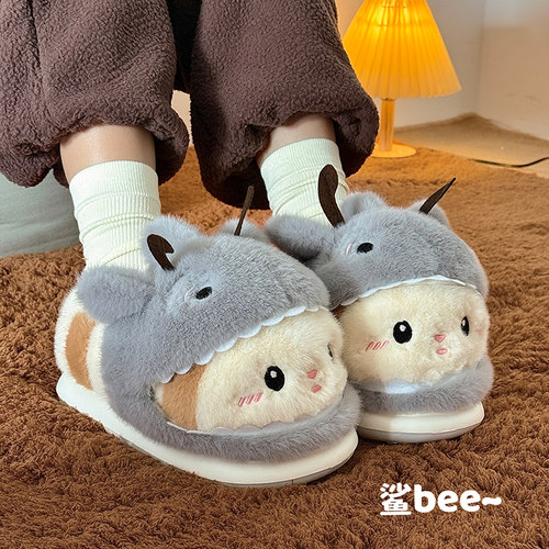 鲨bee情侣棉拖鞋冬季居家防滑ins可爱鲨鱼蜜蜂保暖包跟软底毛毛鞋