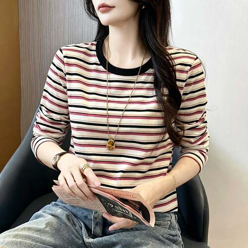 广州白马长袖t恤女2026新款秋季义乌无锡纯棉条纹打底衫虎门上衣