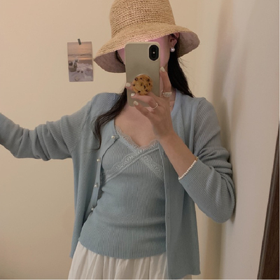 十三行杭州四季青高端韩货早秋两件套装针织开衫叠穿外搭背心上衣