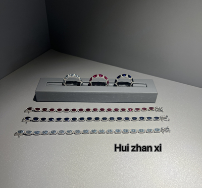 Hui zhanxi 培育蓝宝 红宝 海蓝宝满钻满镶轮胎手链男女同款