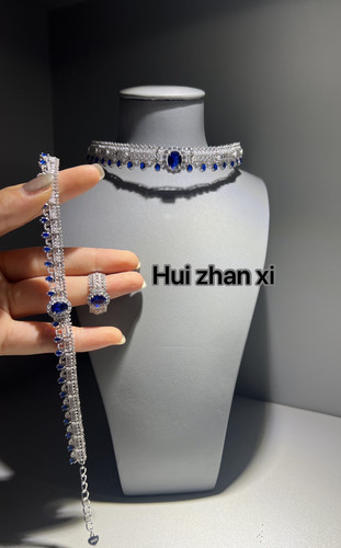 Hui zhanxi 培育蓝宝 粉钻项链锁骨链 戒指 手链套装s925银镀金