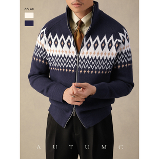 拉链立领毛衣男秋冬保暖休闲宽松免烫打底衫纳瓦霍图腾商务针织衫