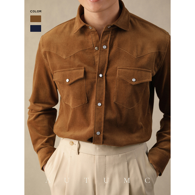 温莎领冬长袖纯棉灯芯绒西部衬衫