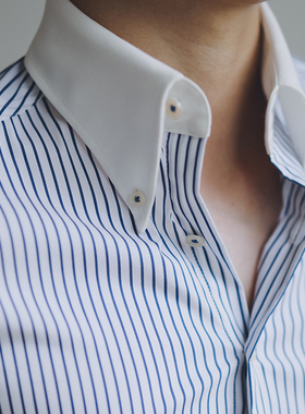 休闲条纹衬衫男长袖春季商务尖扣领修身免烫上衣那不勒斯绅士衬衣