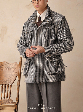 千鸟格保暖猎装男冬季宽松休闲绅士免烫外套复古翻领游民百搭夹克