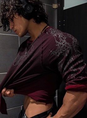 TTWOLVES水洗扎染渐变哥特风超柔软华夫格运动健身长袖T恤D399