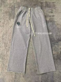 抓毛浅花灰阔腿裤 WOLVES定织狼头男女同款 C42 超级垂感宽松